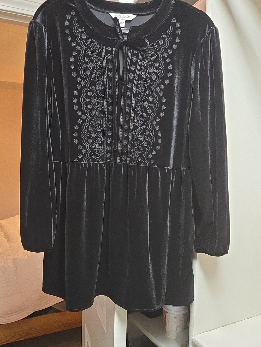 The Pioneer Woman Black Velvet Embroidered Tie-Neck Peplum Long Sleeve Top